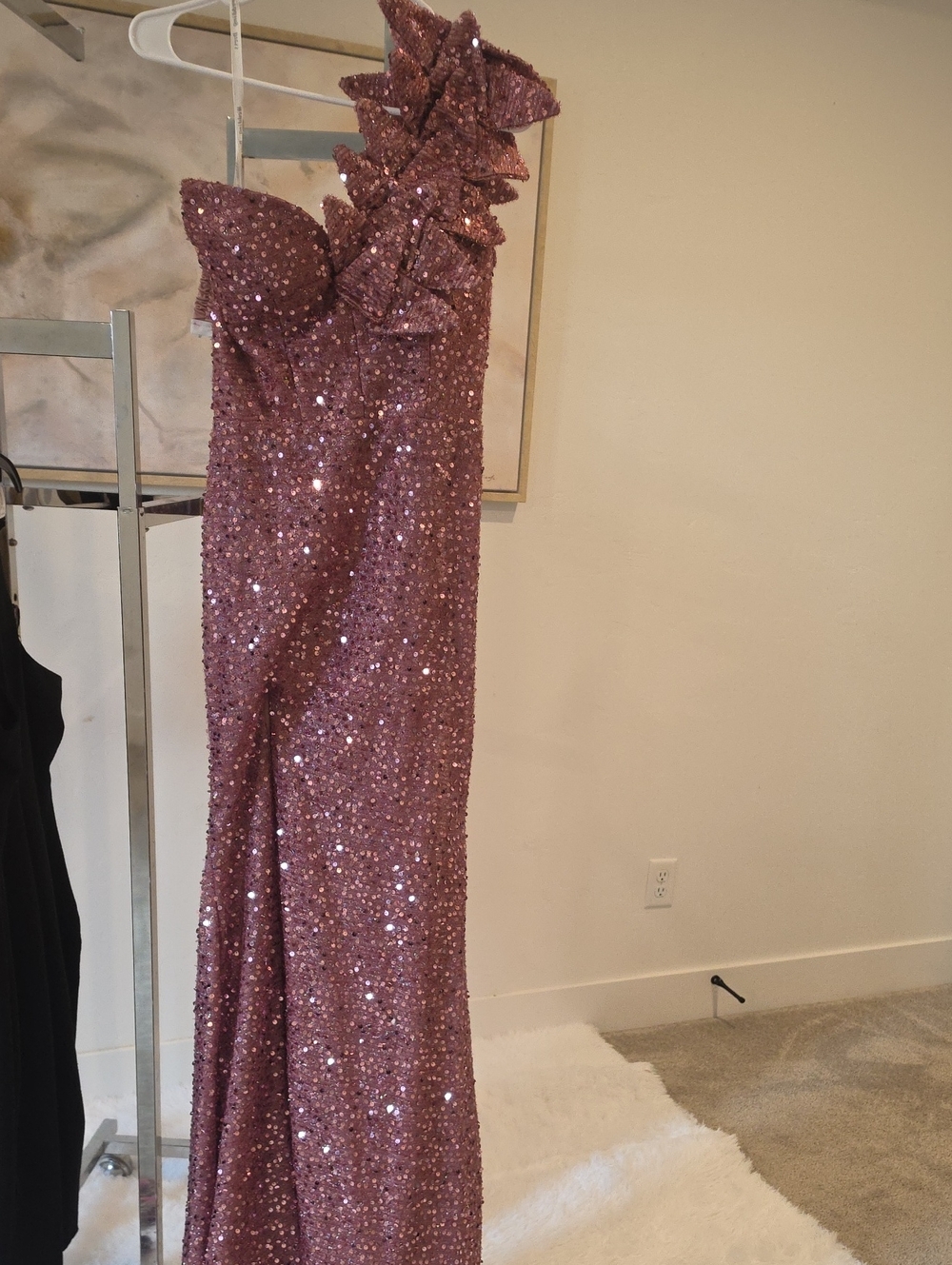 One-Shoulder Sequin Evening Gown in Dusty Rose